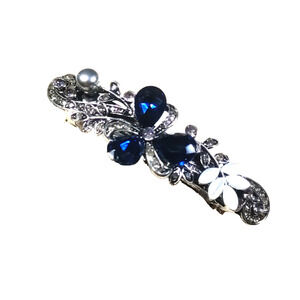Hair Barrette Tension Clip Blue Rhinestone Silver Tone Faux Pearl Silver...